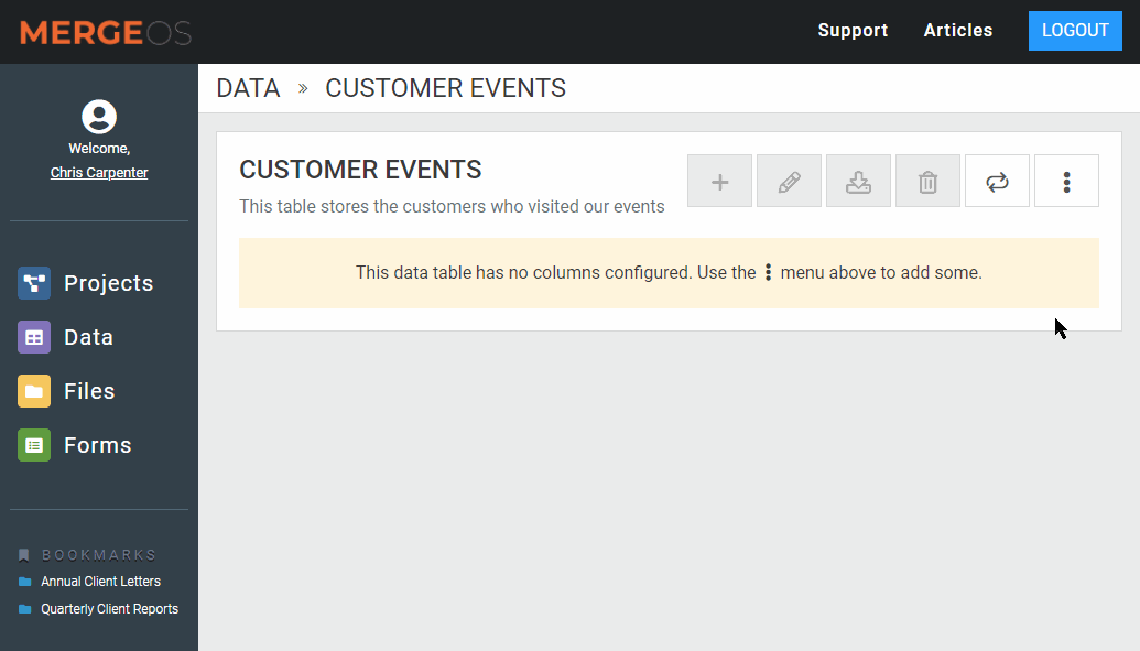 Data table editor being used to add columns quickly
